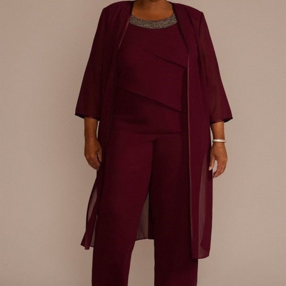 Le Bos Three Piece Tiered Chiffon Pantsuit Size 16W NWT From David’s Bridal - Picture 1 of 8